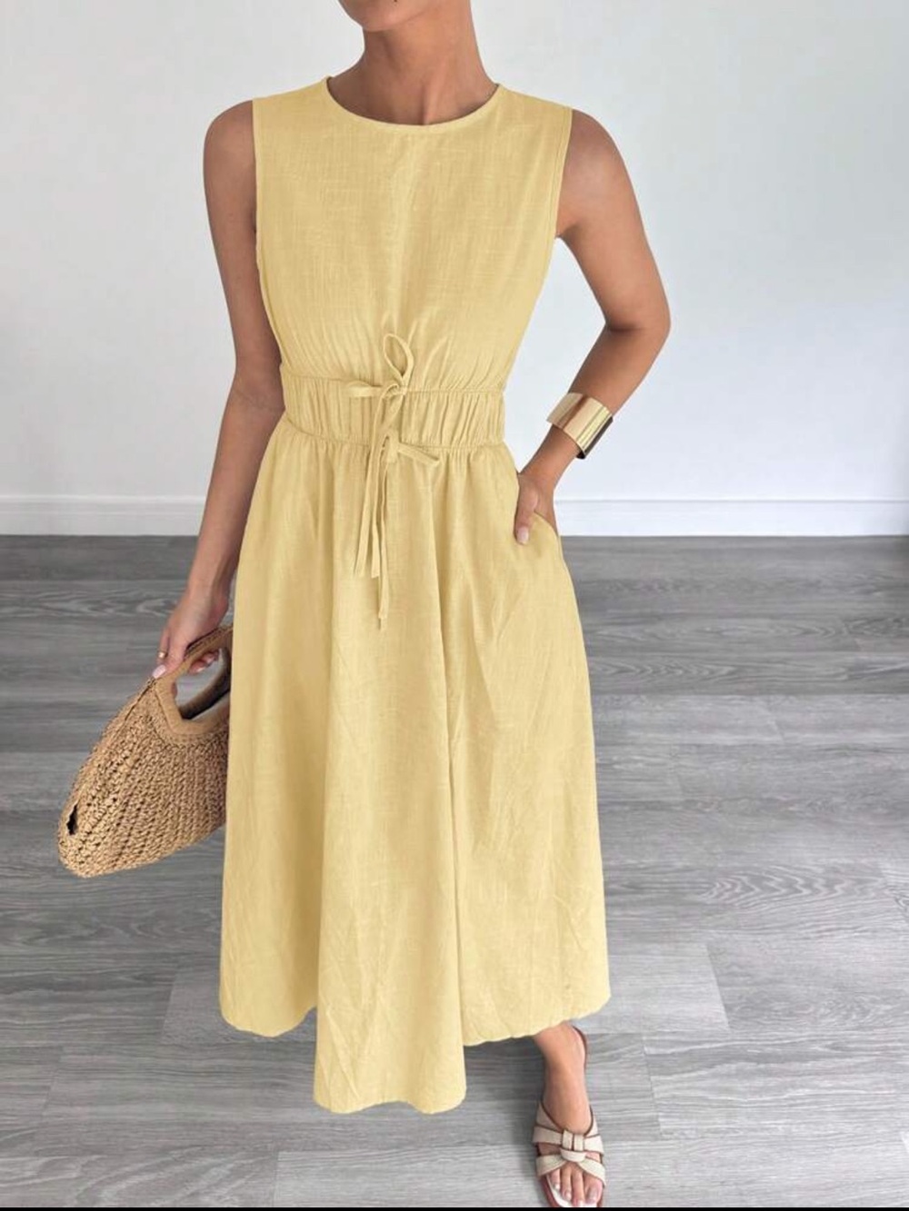 Yellow Linen Blend Midi Dress Sleeveless Tie Waist Summer Dress Size M